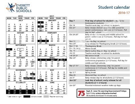 In addition to regular classes, the school also offers a variety of after-school activities and programs, such as sports teams, clubs, and tutoring sessions. . Everett school district calendar